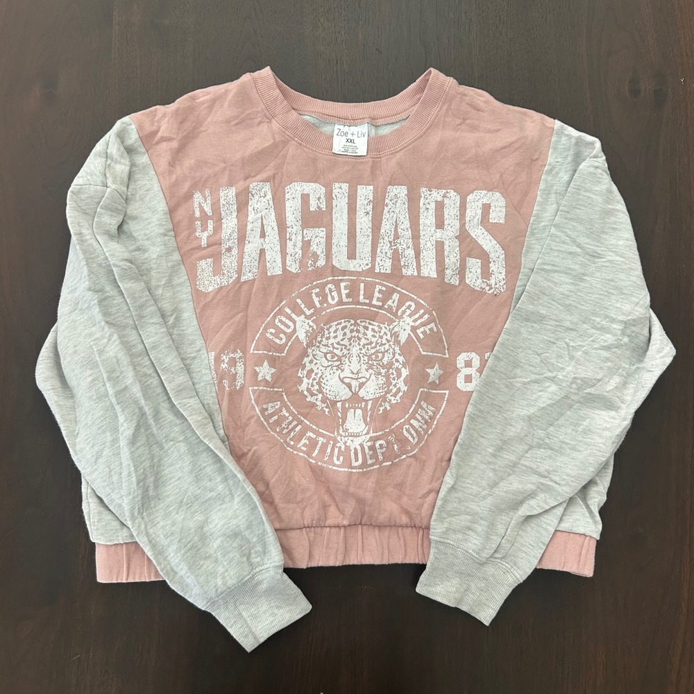 Zoe + Liv NY Jaguars College League Colorblock Graphic Sweatshirt XXL Pink Gray